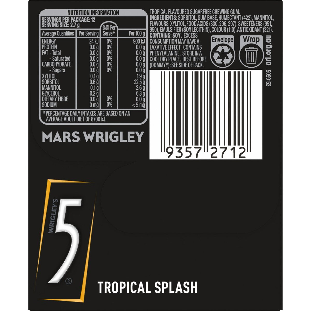 Wrigley's 5 Gum Tropical Splash Sugar Free Chewing Gum 32g