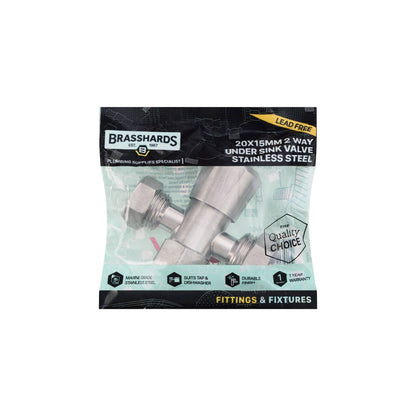 Brasshards 2 Way Under Sink Valve - 20mm x 15mm - Stainless Steel