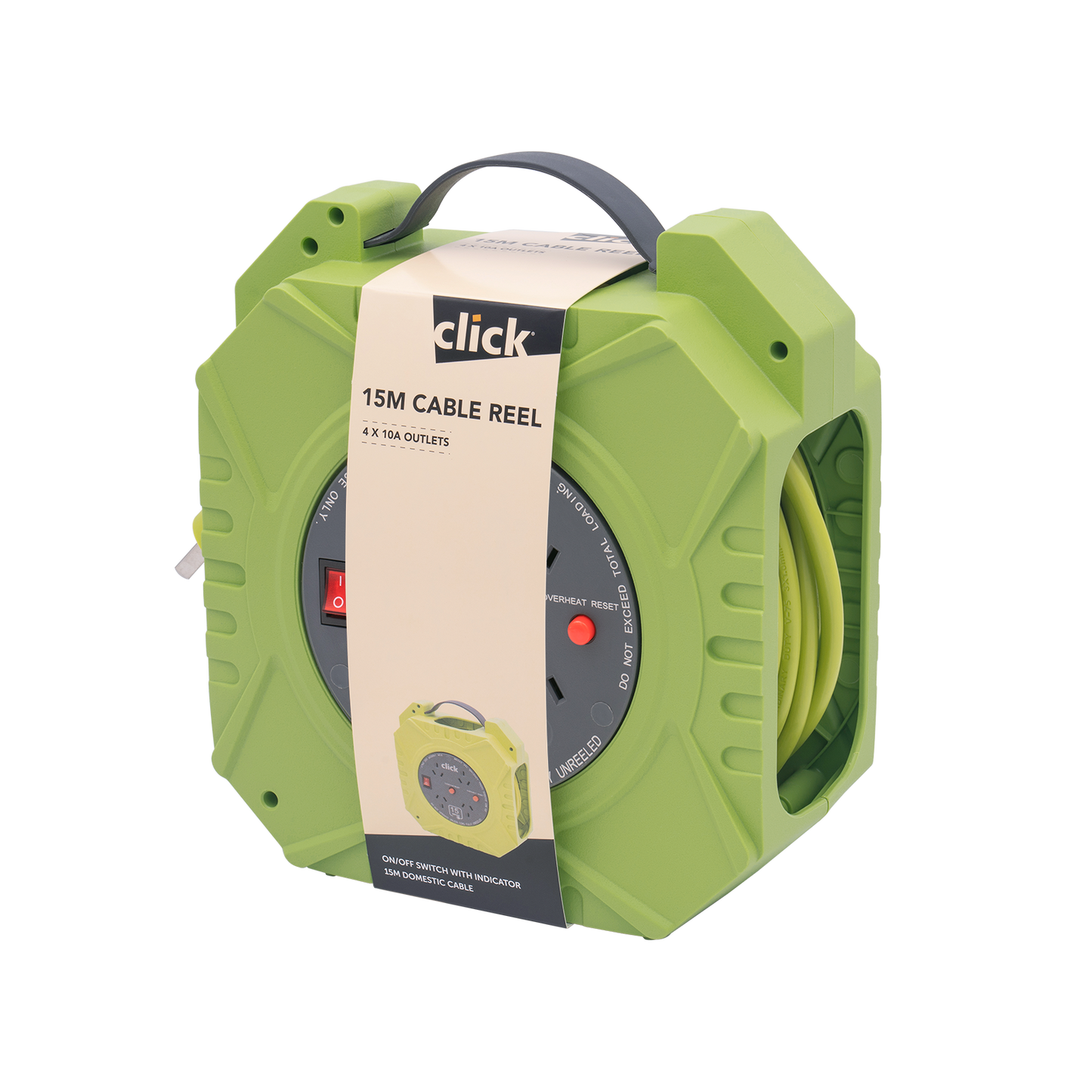 Click Domestic Green and Grey Cable Reel - 4 Outlet - 15m