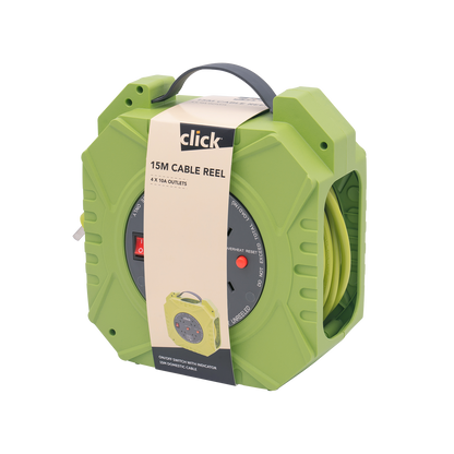 Click Domestic Green and Grey Cable Reel - 4 Outlet - 15m