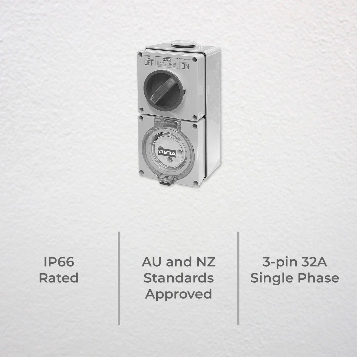 Deta Single Phase Round Switch Outlet - 32A - 100 x 58 x 200mm - Light Grey