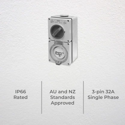 Deta Single Phase Round Switch Outlet - 32A - 100 x 58 x 200mm - Light Grey