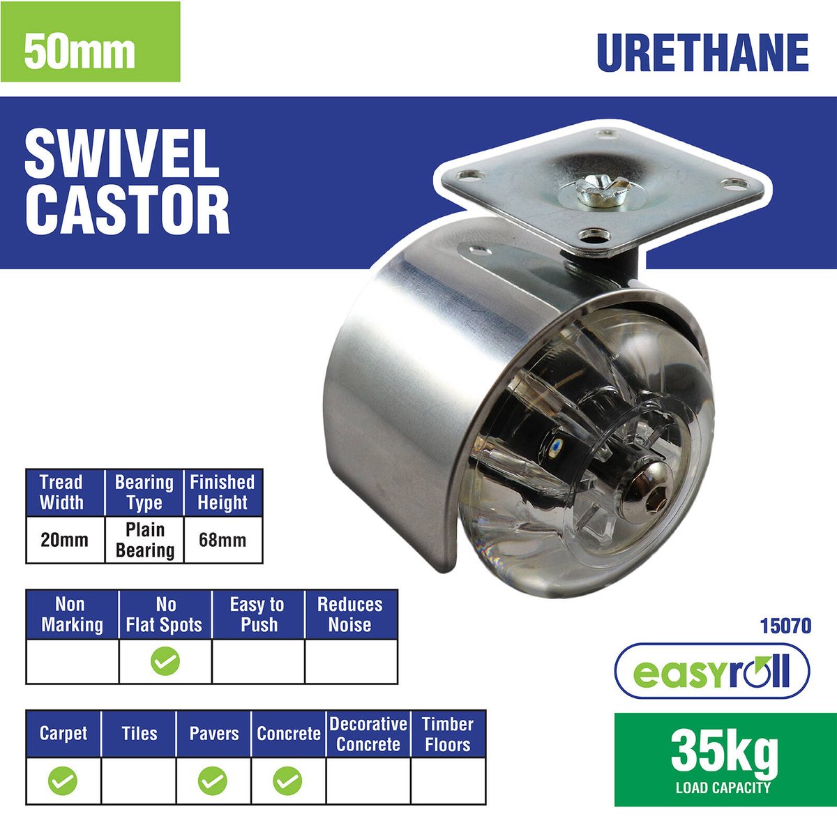 Easyroll Castor - 50mm - Polyurethane - Twin Transparent Wheels