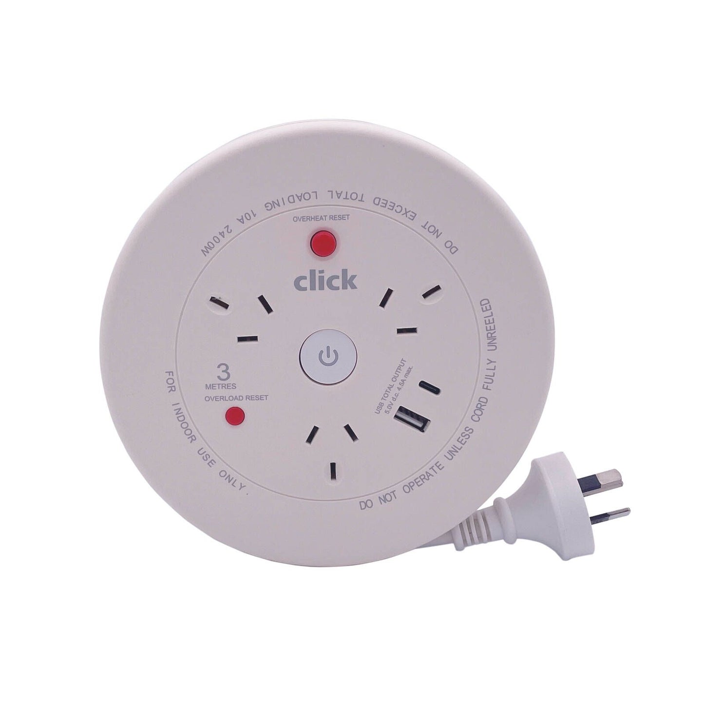 Click Cable Reel with USB Charger - 3m - 3 Outlets