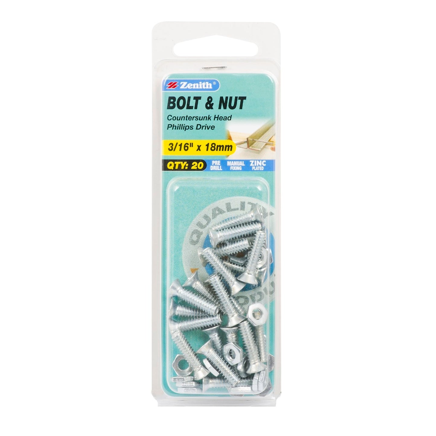 Zenith Countersunk Bolt & Nut - 3/16 x 18mm - 20 Pack