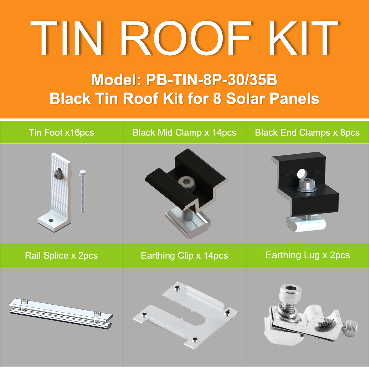 Black Tin Kit - 30-35mm - Solar Panel Mounting Kit for 8 Panels