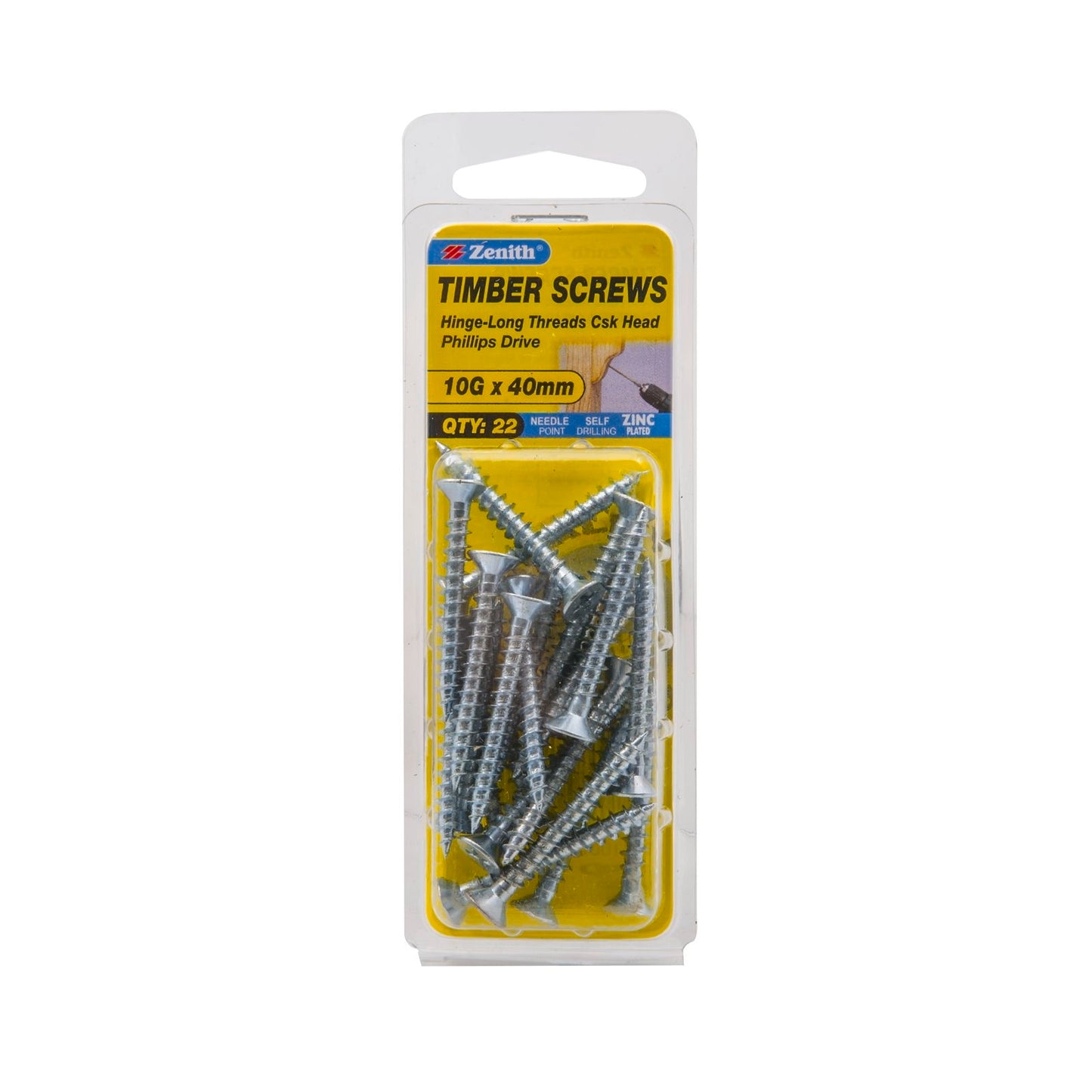 Zenith Timber Screws - 10g x 40mm - Zinc - 22 Pack