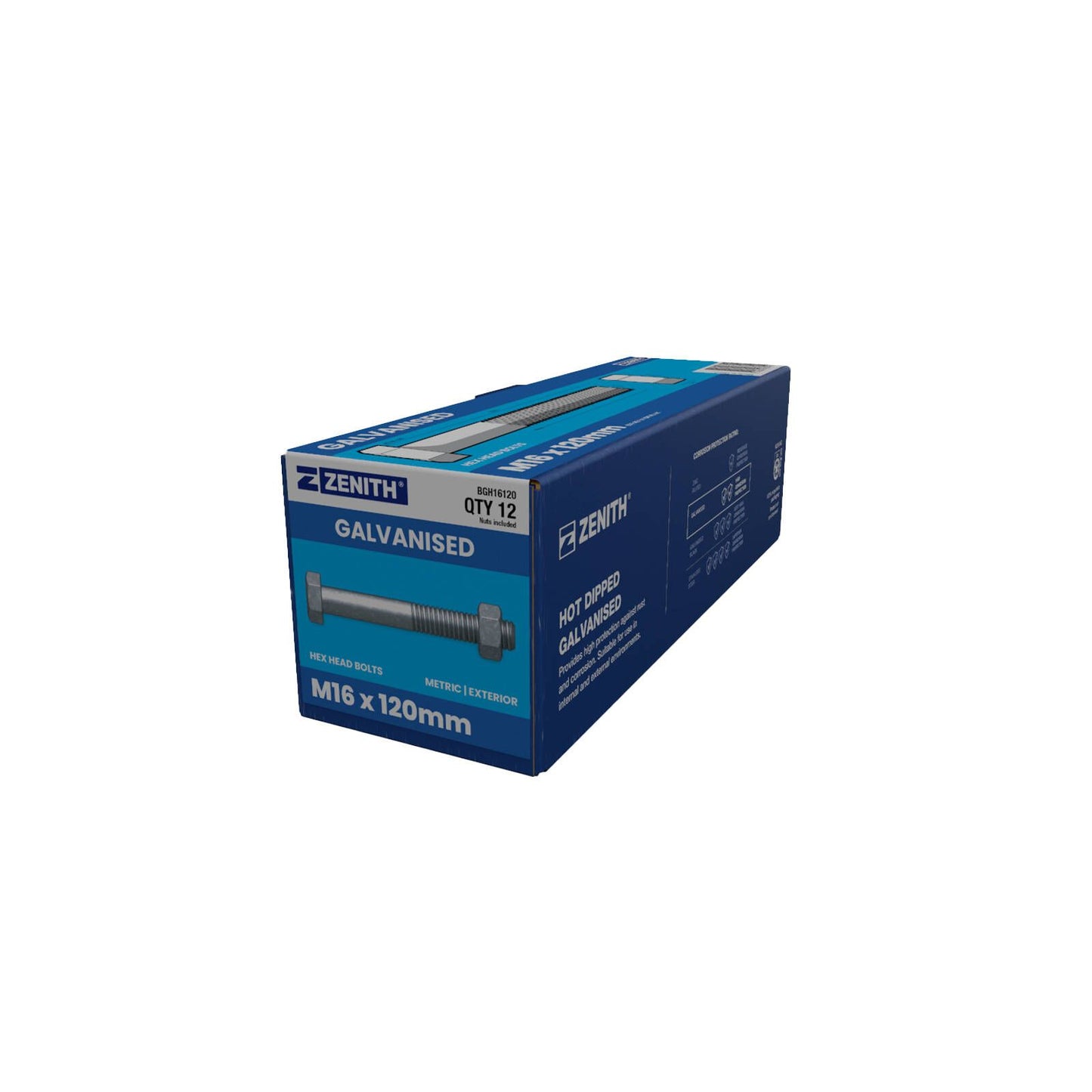 Zenith M16 x 120mm Hot Dip Galvanised Hex Head Bolts and Nuts 12 Pack