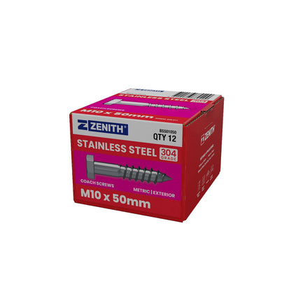 Zenith Hex Head Coach Screws - M10 x 50mm - Stainless Steel - 12 Pack