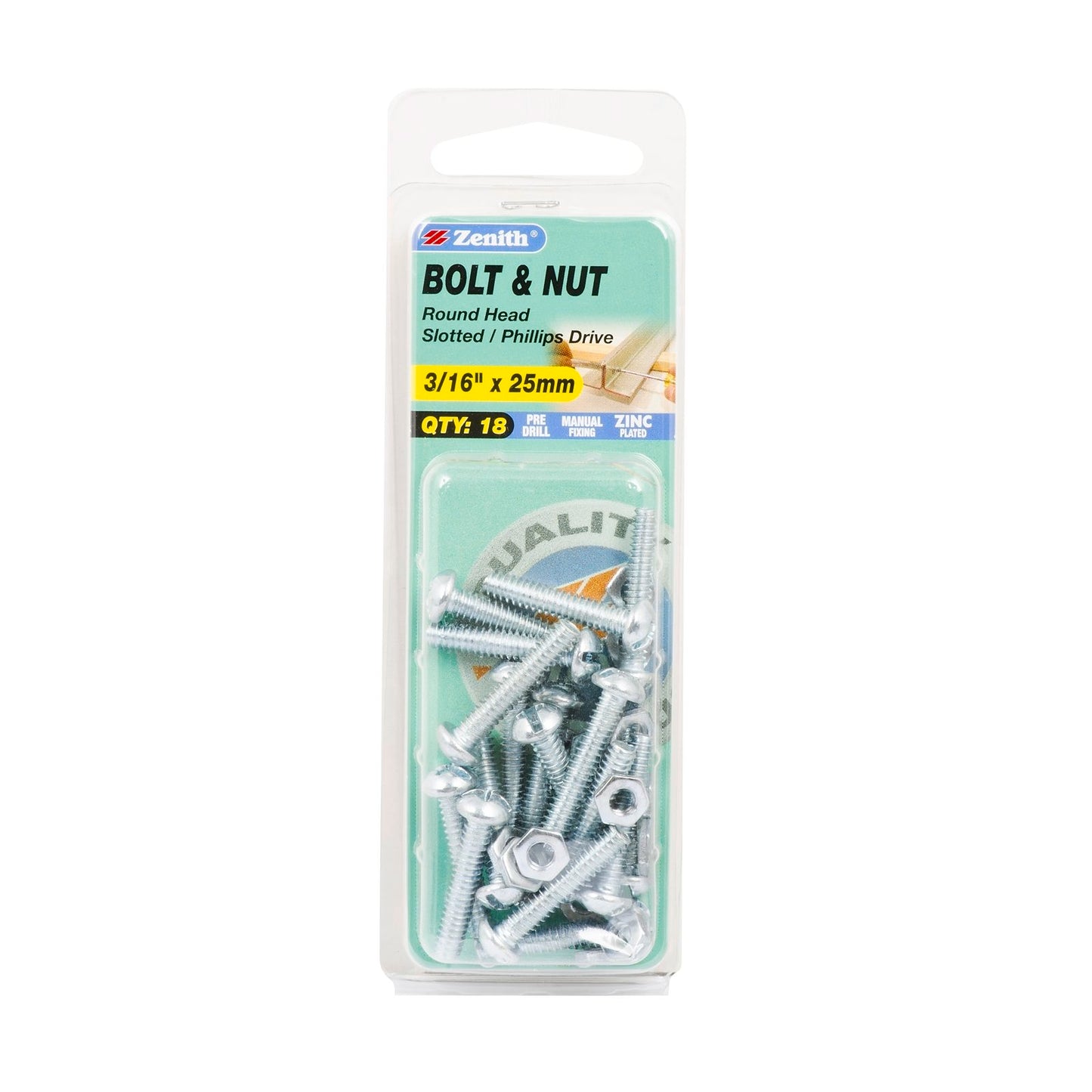 Zenith Round Head Bolt & Nut - 3/16 x 25mm - 18 Pack