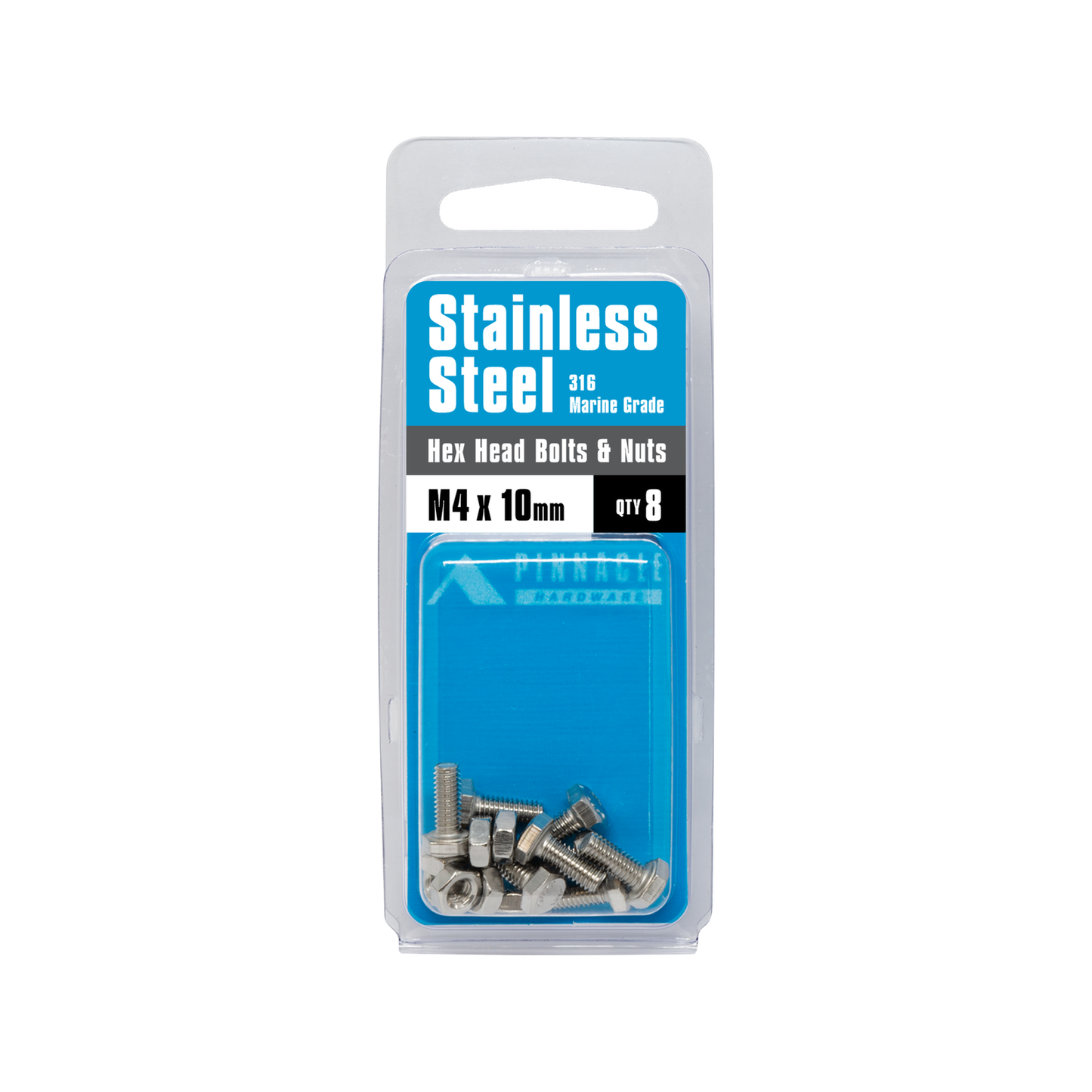 Pinnacle Hex Head Bolts and Nuts - M4 x 10mm - Stainless Steel - 8 Pack