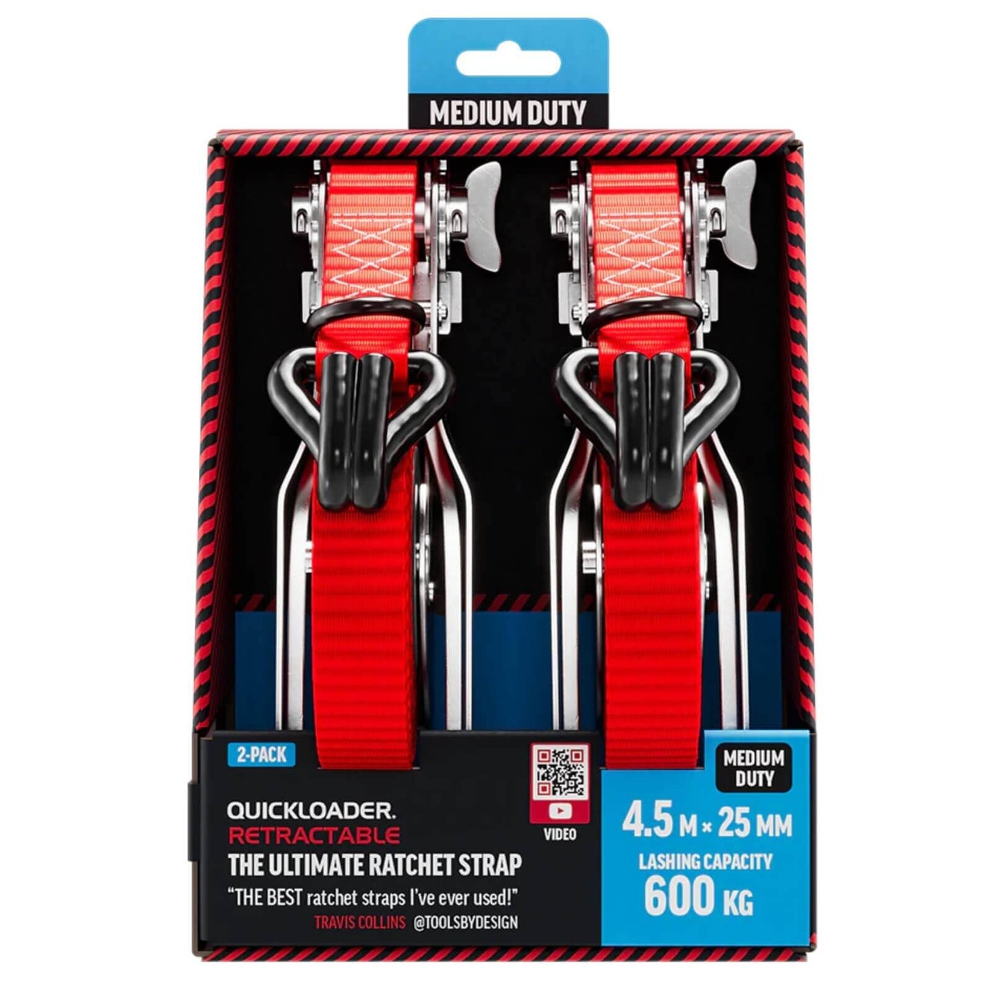 Quickloader Retractable Ratchet Strap Tie Down - 4.5m x 25mm - 600kg - 2 Pack