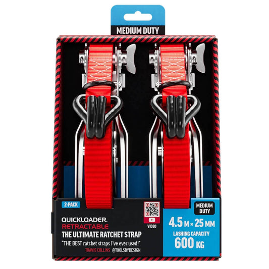 Quickloader Retractable Ratchet Strap Tie Down - 4.5m x 25mm - 600kg - 2 Pack