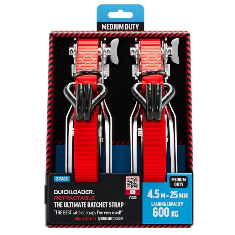 Quickloader Retractable Ratchet Strap Tie Down - 4.5m x 25mm - 600kg - 2 Pack