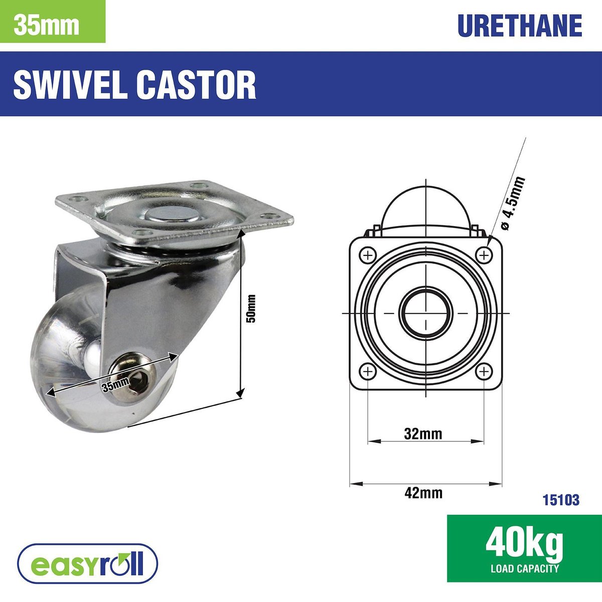 Easyroll Swivel Castor - 35mm - Polyurethane - Transparent Design - 2 Pack