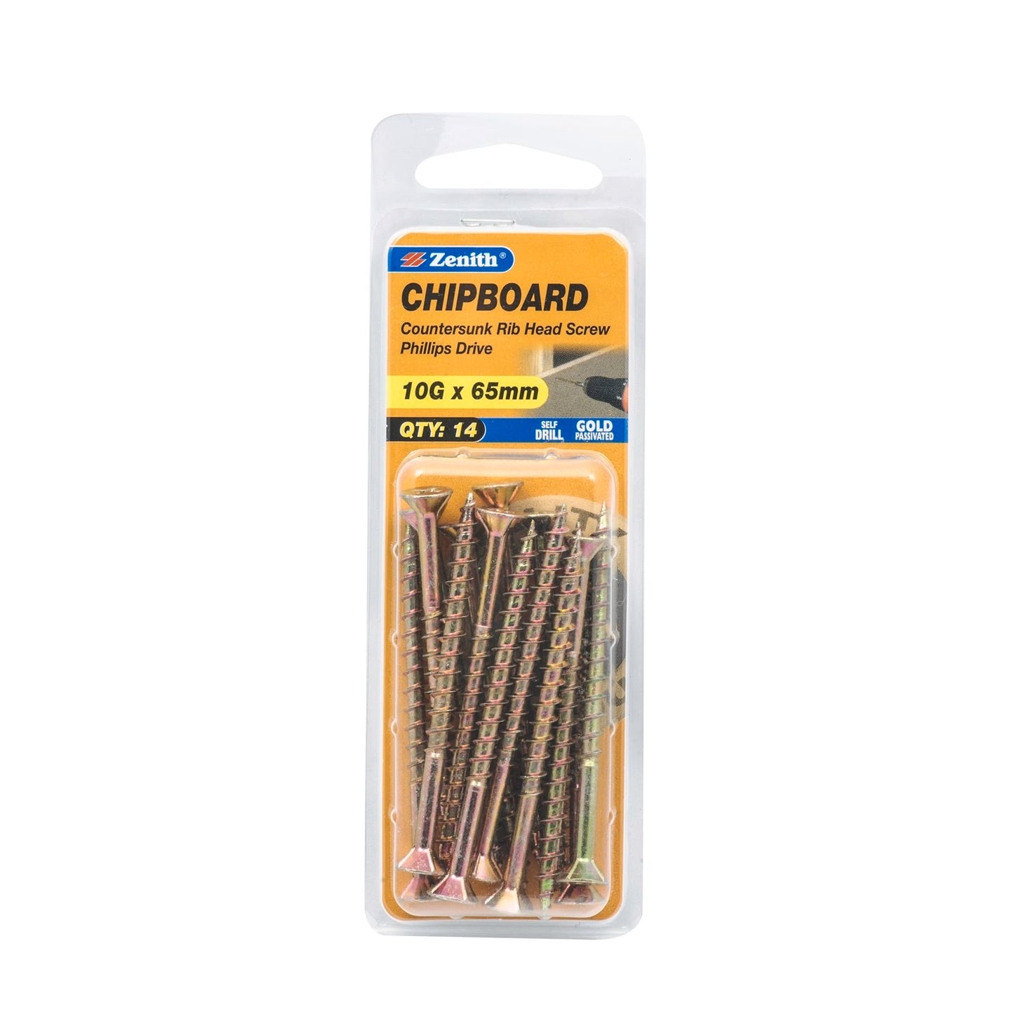Zenith Gold Passivated Countersunk Rib Head Screws - 10g x 65mm - 14 Pack