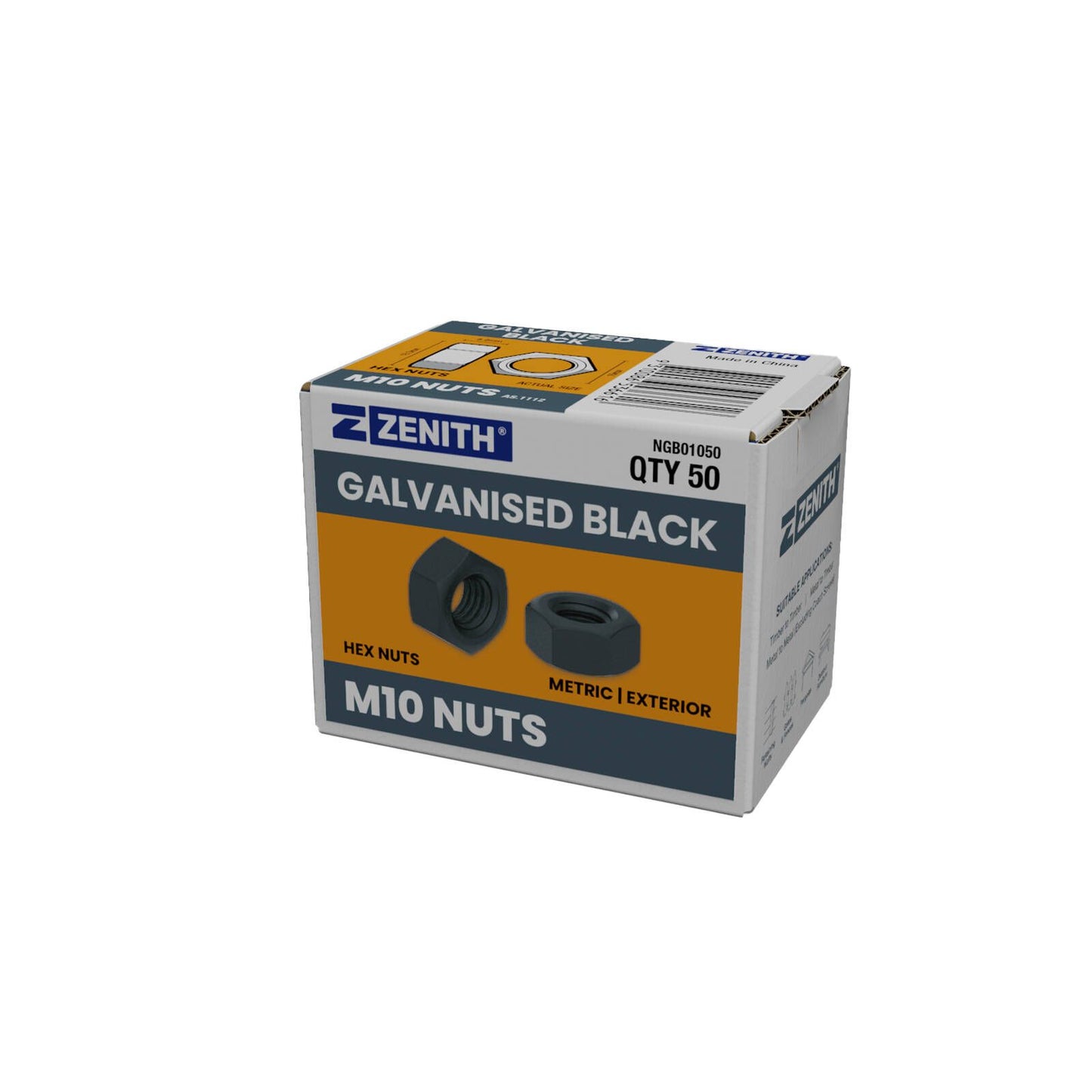 Zenith M10 Hex Nuts - Hot Dipped Galvanised Black - 50 Pack