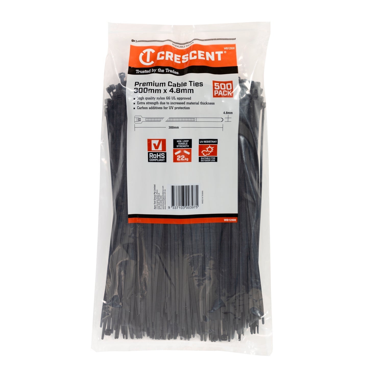 Crescent Black Cable Ties - 300mm x 4.8mm - 500 Pack