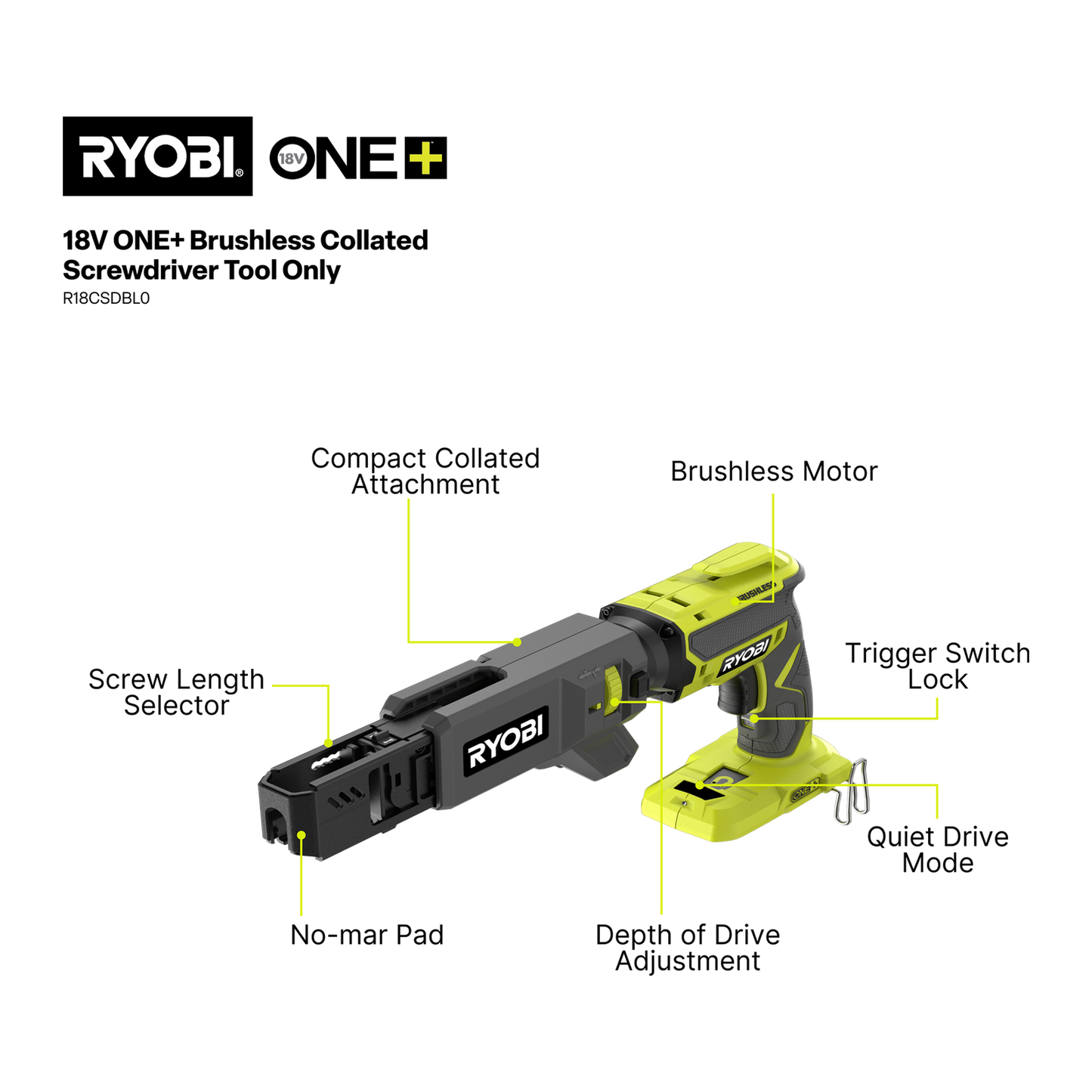 Ryobi Brushless Collated Screwdriver - R18CSDBL0 - 18V ONE+ - 25-55mm - Tool Only