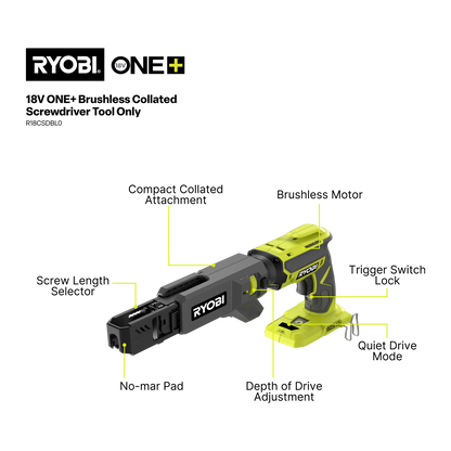Ryobi Brushless Collated Screwdriver - R18CSDBL0 - 18V ONE+ - 25-55mm - Tool Only