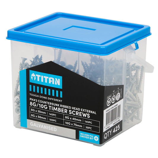 Titan Galvanised External Timber Screws - 8G & 10G - 425 Piece