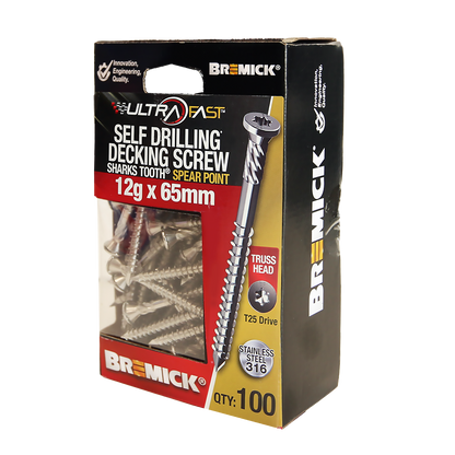 Bremick Ultrafast Stainless Steel 316 Truss Head Screws - 12g x 65mm - T25 - 100 Pack
