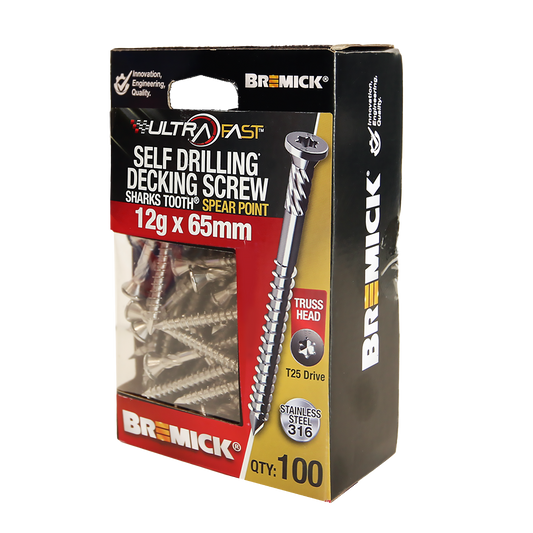 Bremick Ultrafast Stainless Steel 316 Truss Head Screws - 12g x 65mm - T25 - 100 Pack