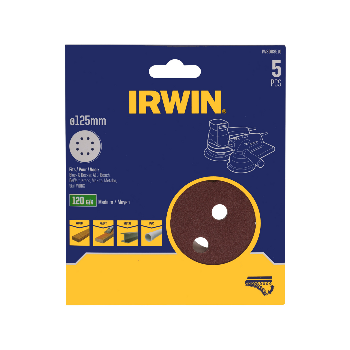 Irwin Quick Fit Random Orbital Sanding Discs - 125mm - 120 Grit - 5 Pack