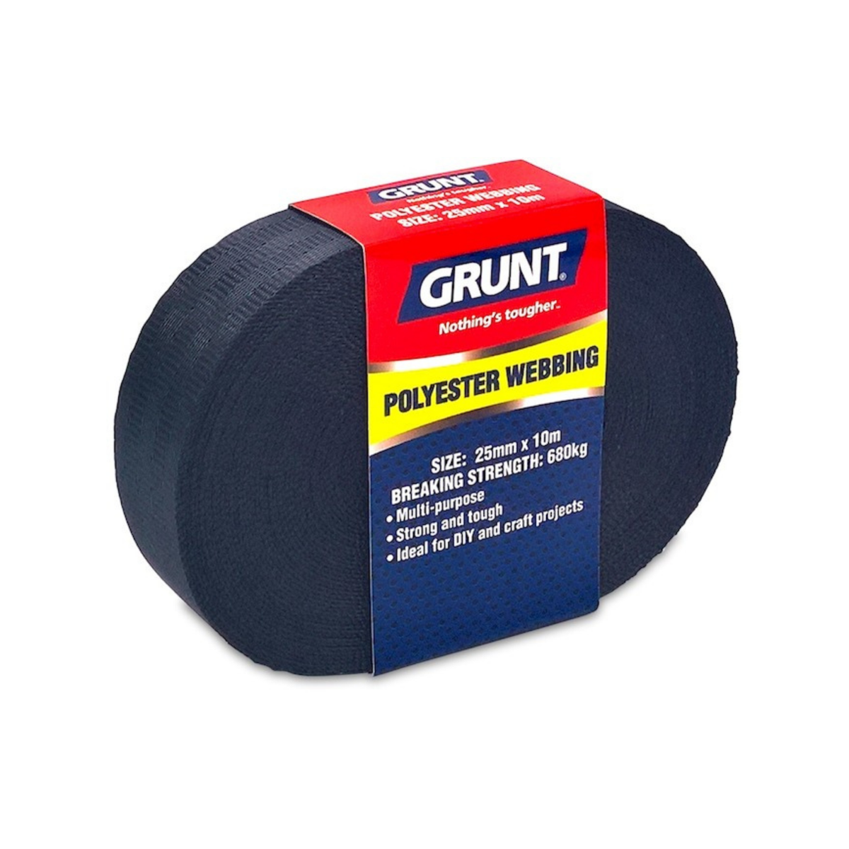 Grunt 25mm x 10m Heavy Duty Black Polyester Webbing - Strong - Pliable - 1100kg Breaking Strength