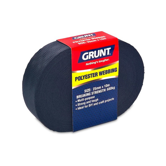 Grunt 25mm x 10m Heavy Duty Black Polyester Webbing - Strong - Pliable - 1100kg Breaking Strength