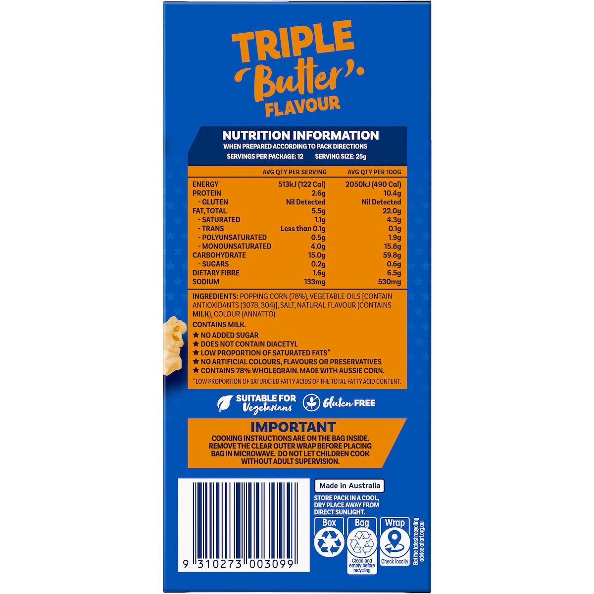 Poppin Triple Butter Microwave Popcorn Mini-size Snack Bags 300g