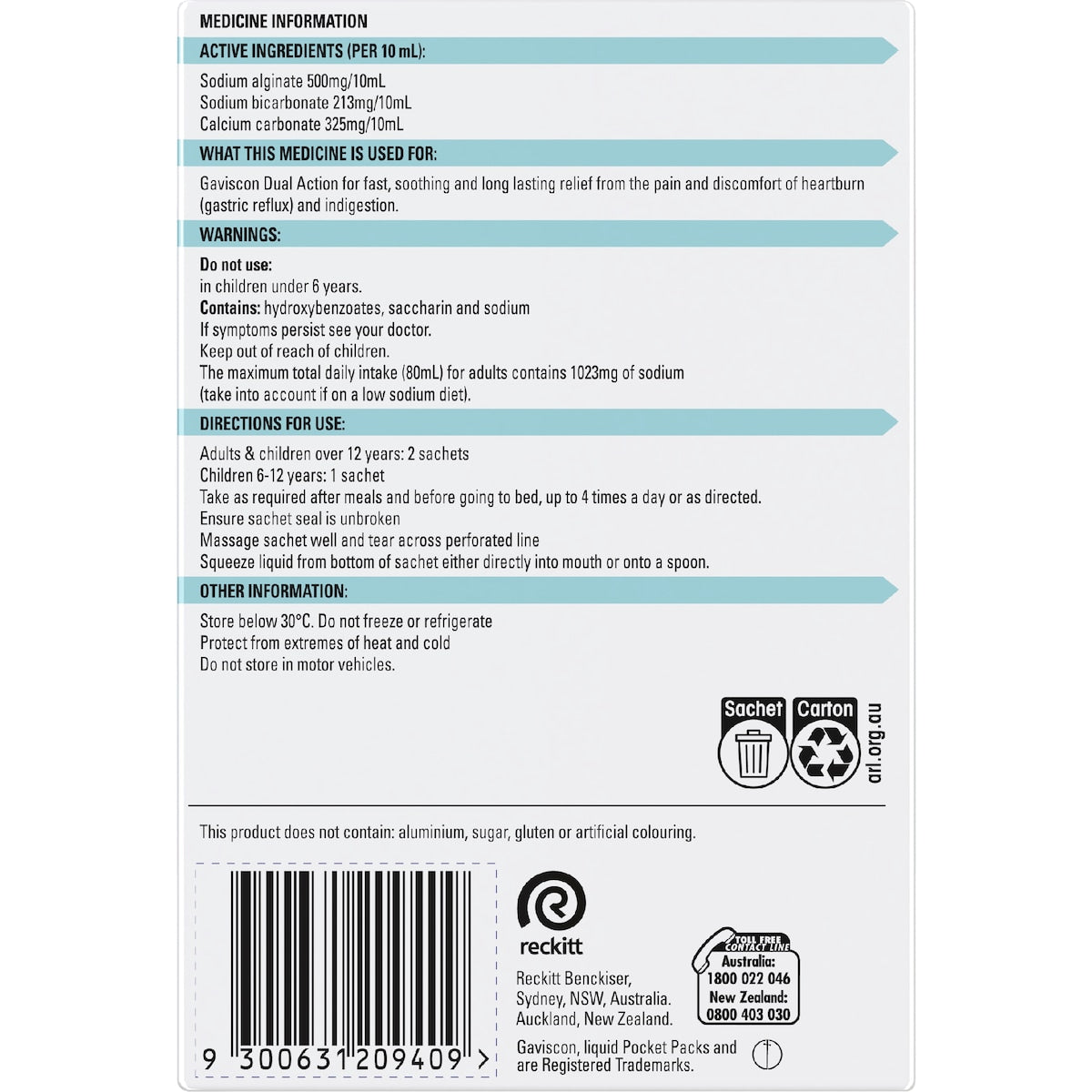 Gaviscon Dual Action Heartburn Relief Liquid Satchets Peppermint 24 Pack