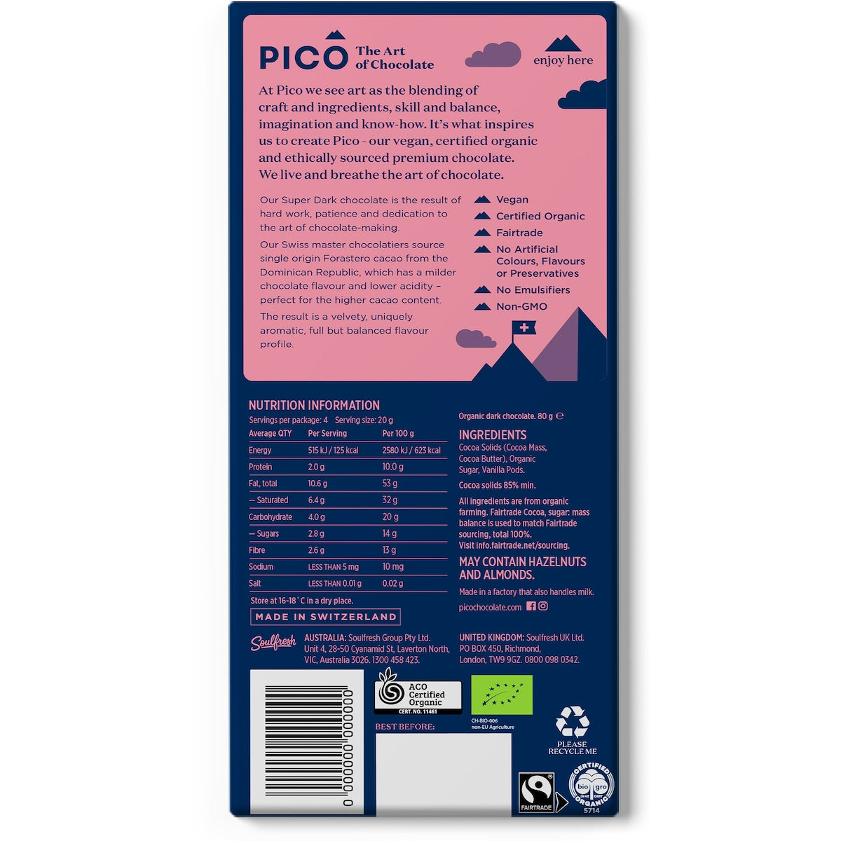 Pico Organic VeganÂ Chocolate Super Dark 80g