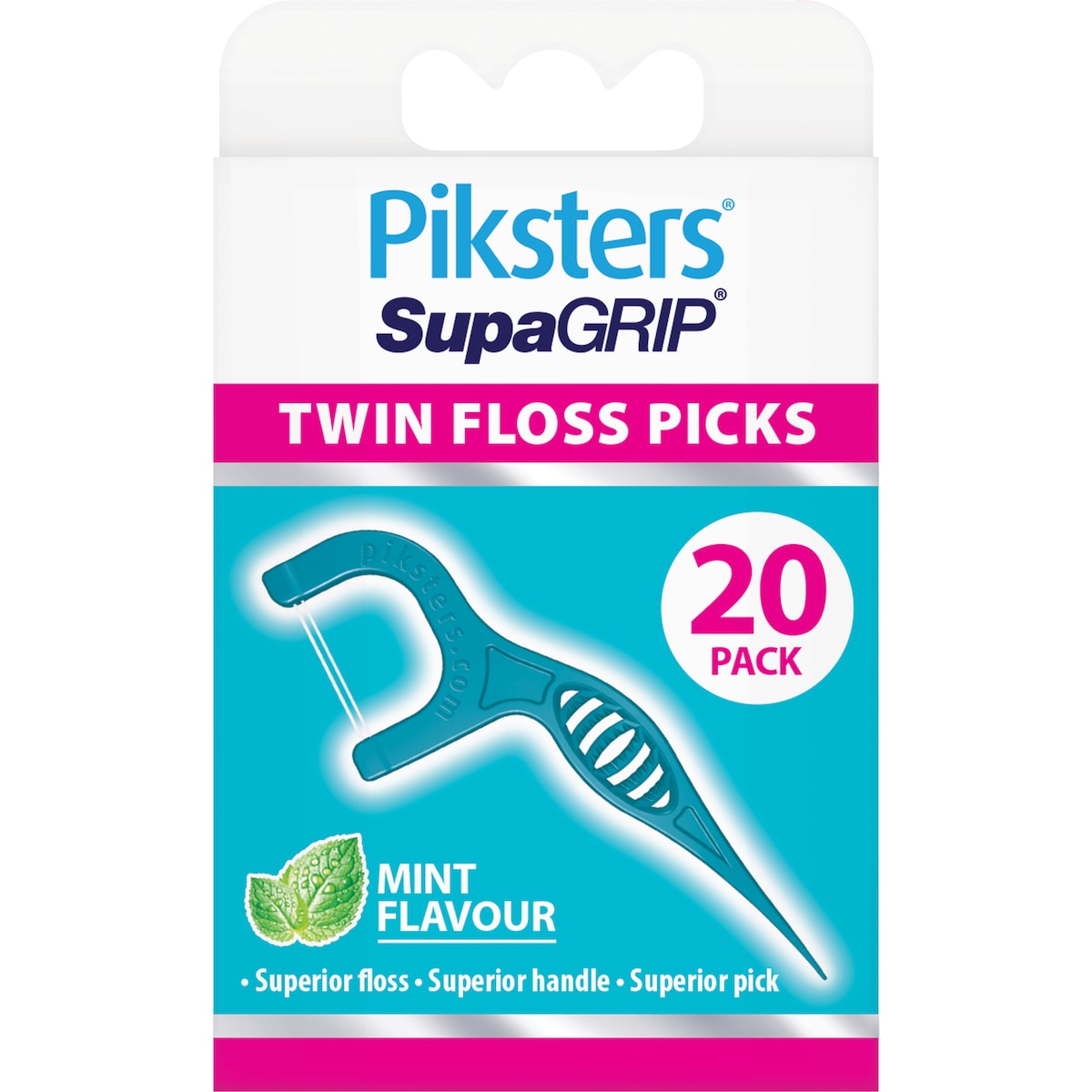 Piksters Supagrip Twin Floss Picks Mint Flavour 20 Pack