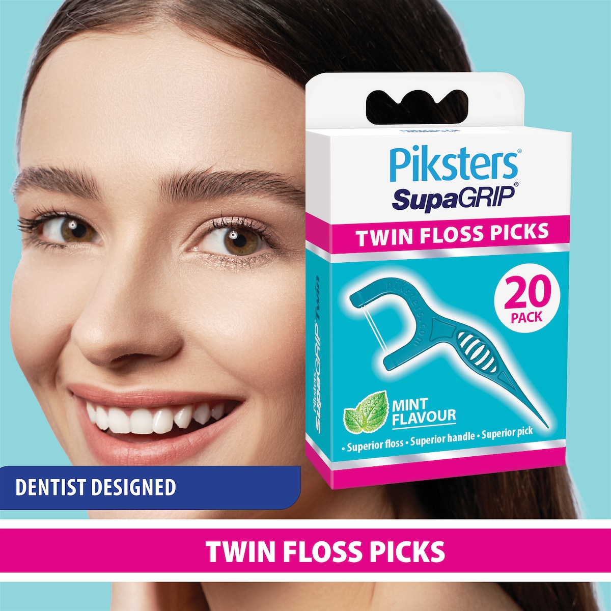Piksters Supagrip Twin Floss Picks Mint Flavour 20 Pack