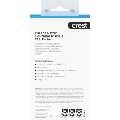 Crest Lightning To Usb A Cable 1m Rainbow Each