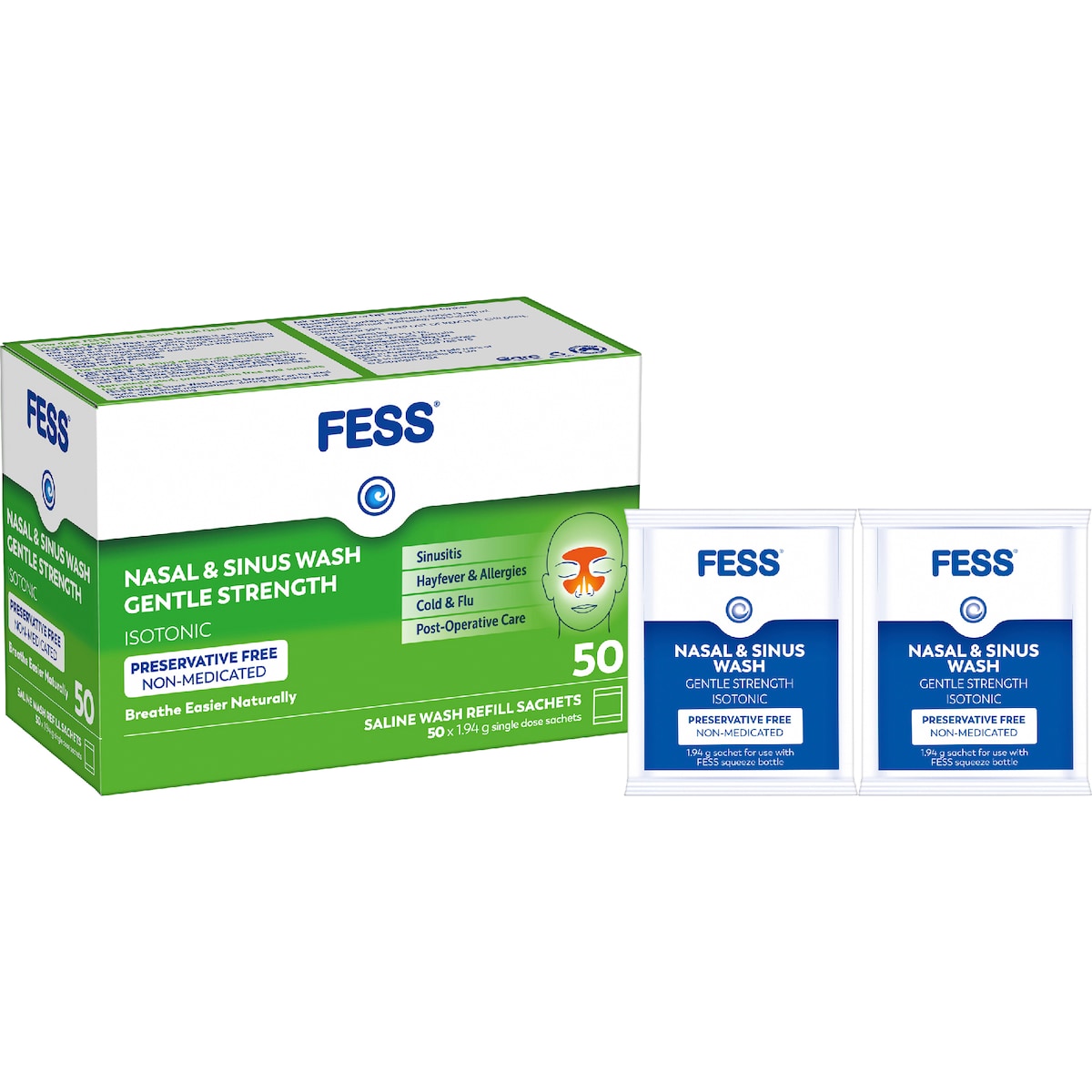 Fess Nasal & Sinus Saline Wash Gentle Strength Refill Sachets 50 Pack