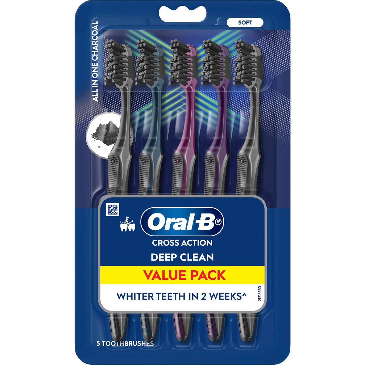 Oral-b Cross Action Toothbrushes Charcoal Soft Value 5 Pack