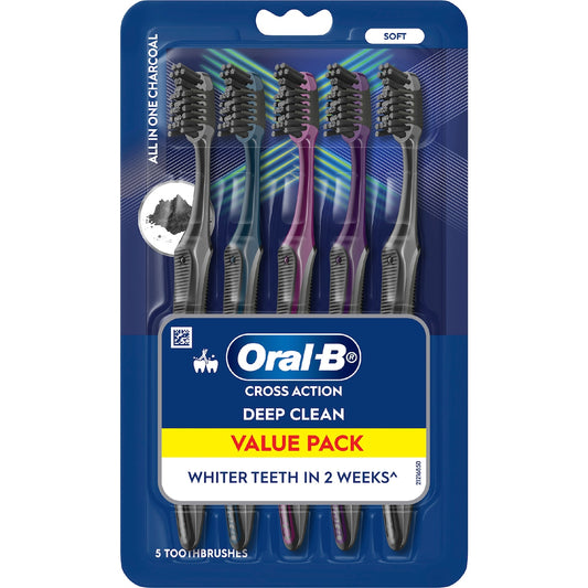 Oral-b Cross Action Toothbrushes Charcoal Soft Value 5 Pack