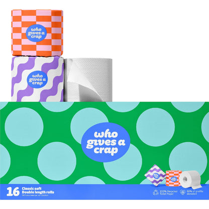 Who Gives A Crap Classic Soft Double Length Recycled 3 Ply Toilet Paper 16 Pack