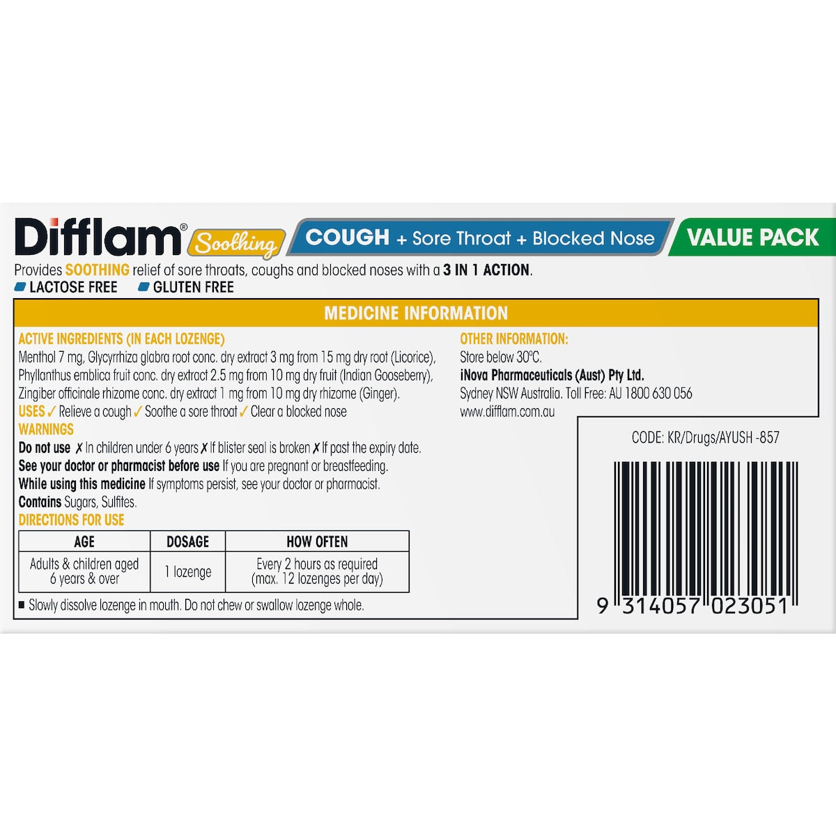 Difflam Soothing Cough Sore Throat & Blocked Nose Lozenges 32 Pack