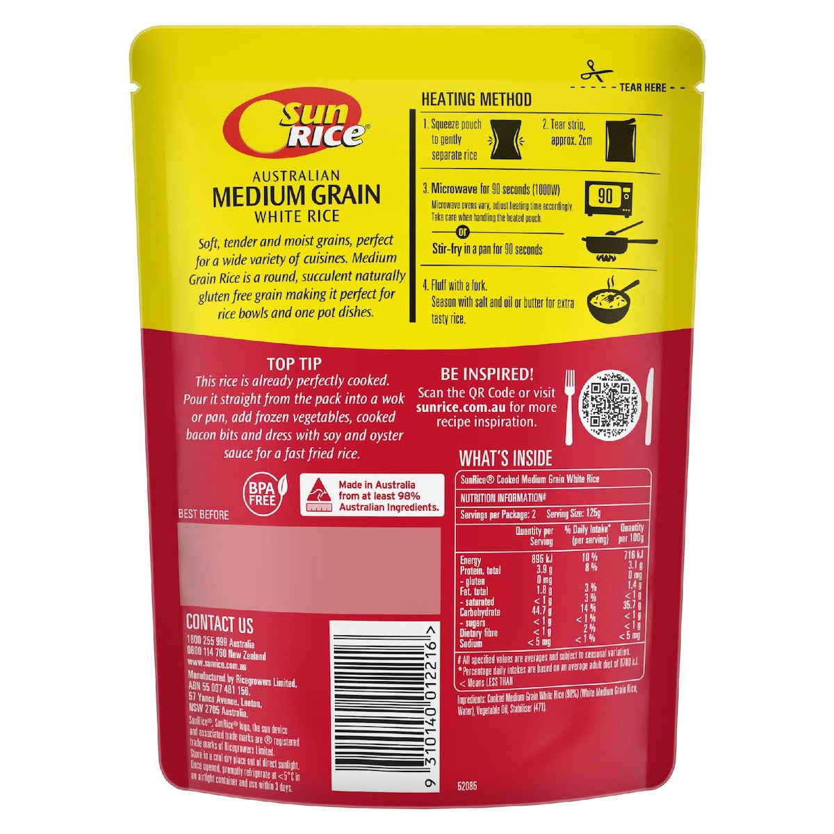 Sunrice Microwave Medium Grain Rice Pouch 250g