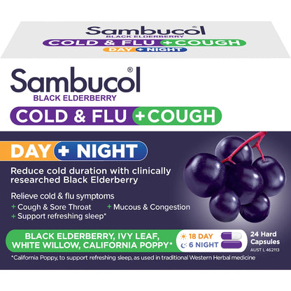 Sambucol Day & Night Cold & Flu & Cough Black Elderberry Capsules 24 Pack