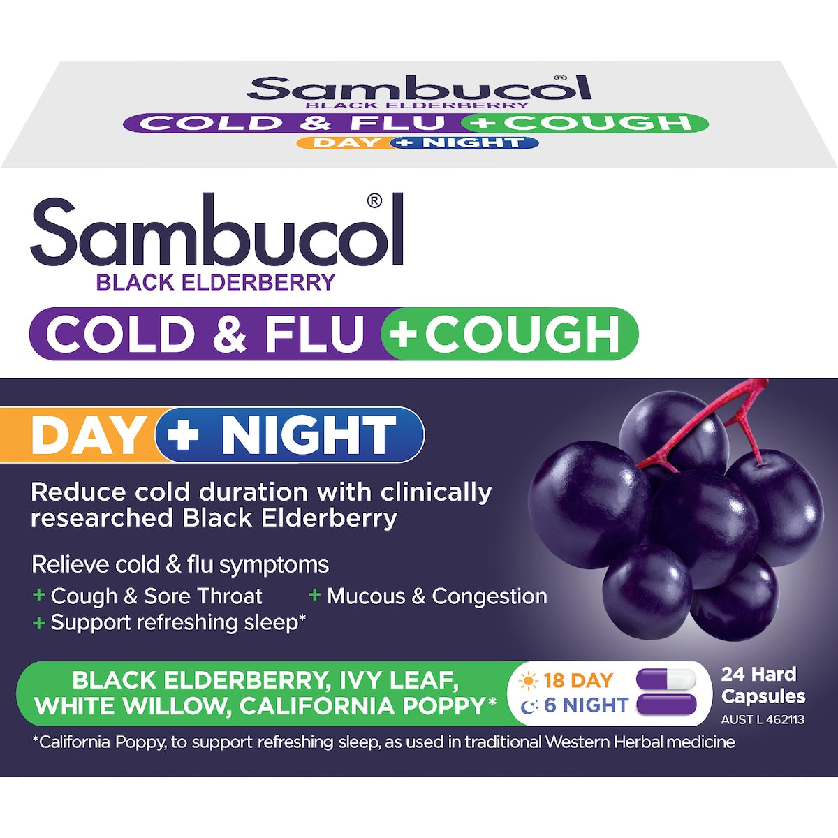 Sambucol Day & Night Cold & Flu & Cough Black Elderberry Capsules 24 Pack