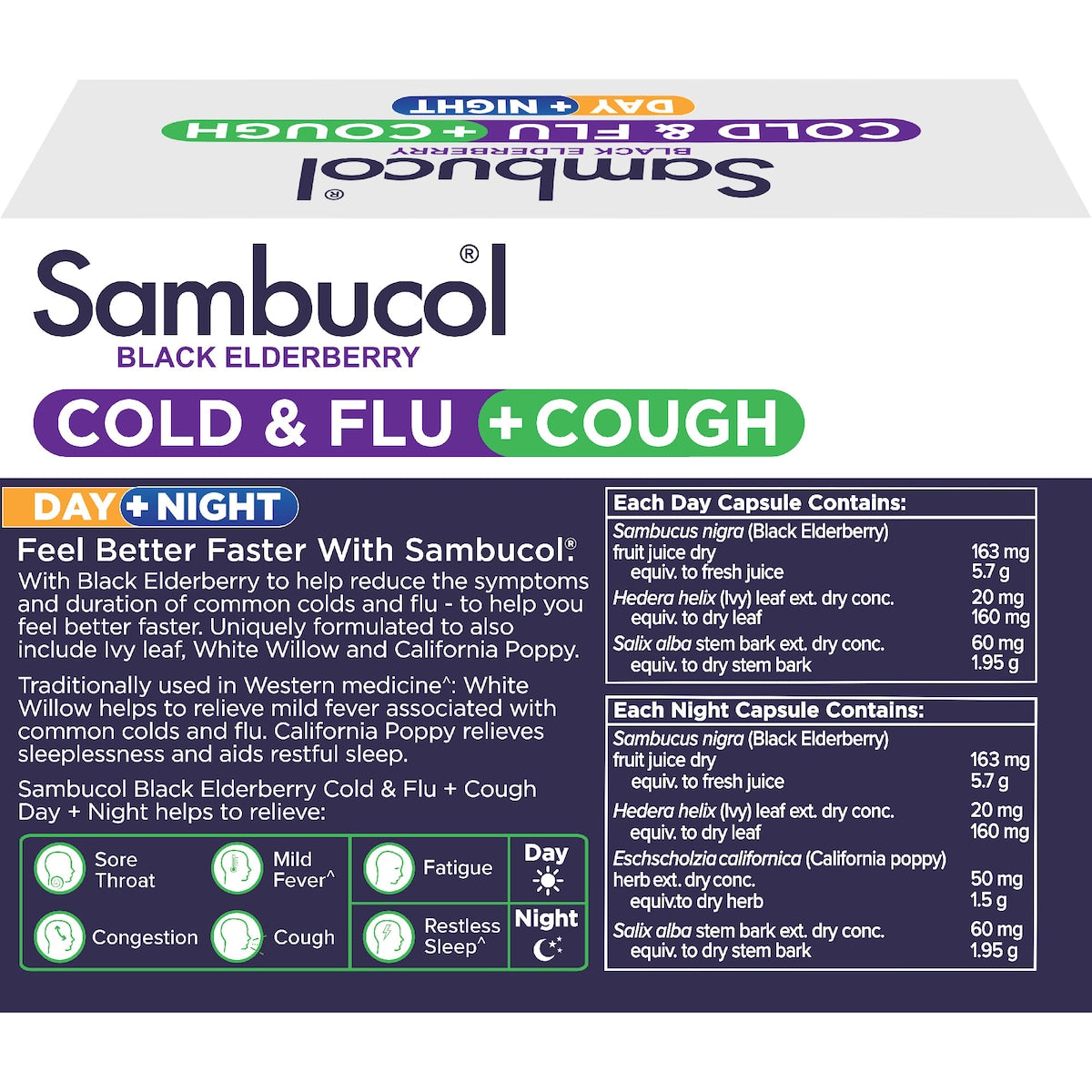 Sambucol Day & Night Cold & Flu & Cough Black Elderberry Capsules 24 Pack