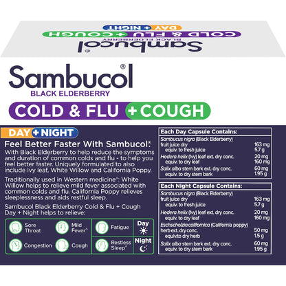Sambucol Day & Night Cold & Flu & Cough Black Elderberry Capsules 24 Pack