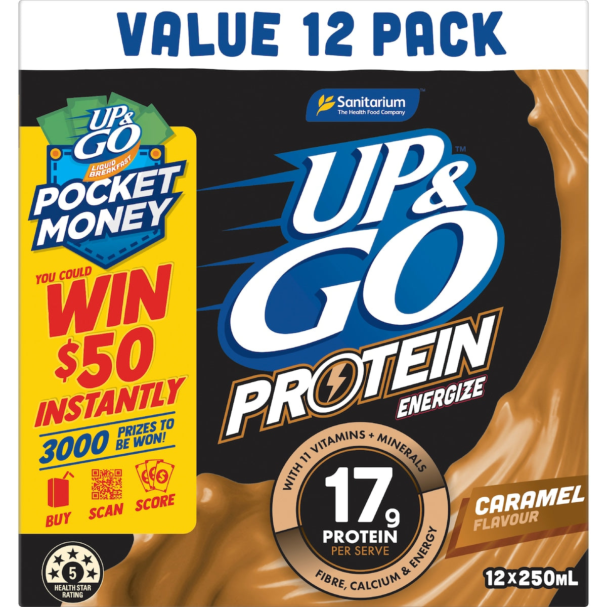 Up&go Protein Energize Liquid Breakfast Caramel 250ml X 12 Pack