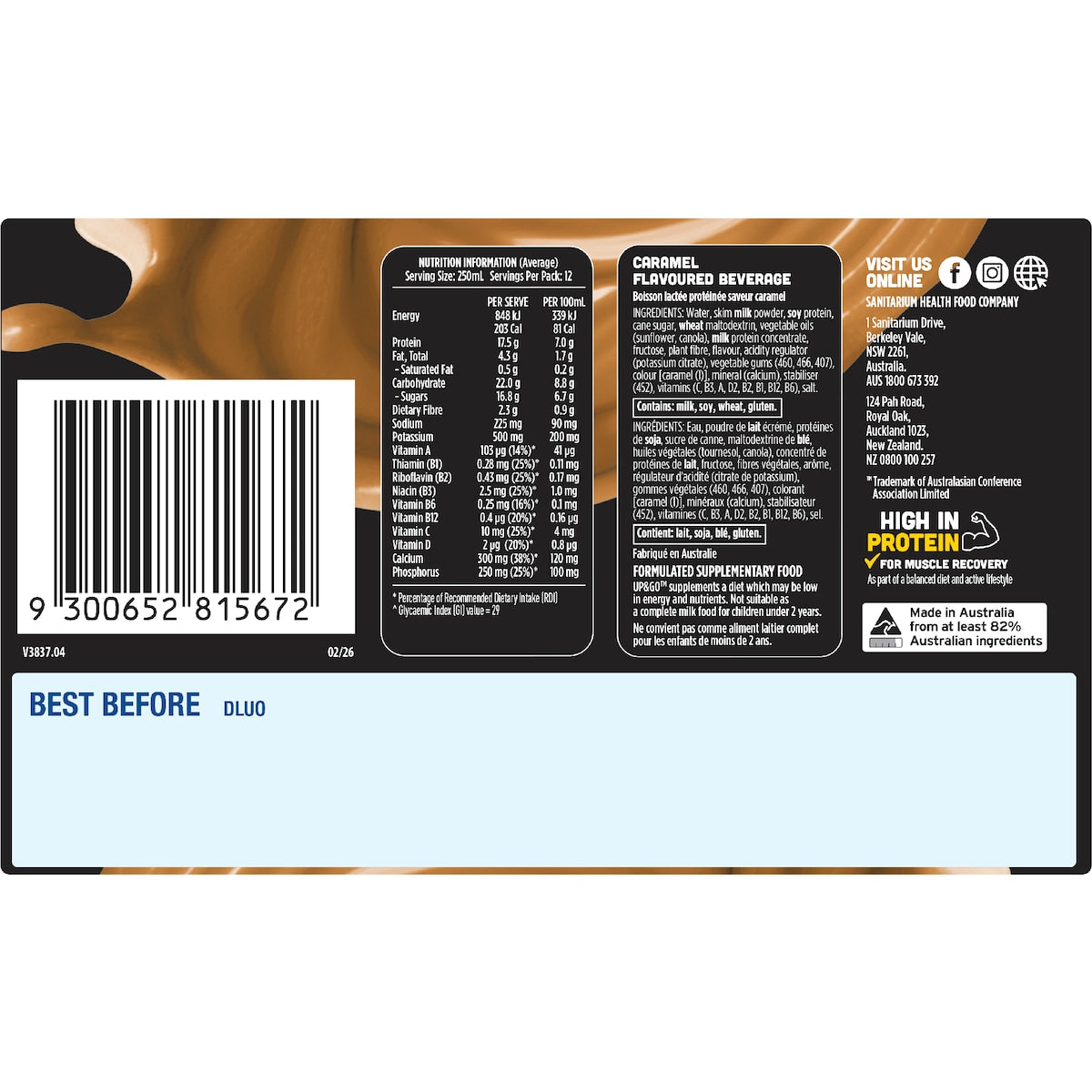 Up&go Protein Energize Liquid Breakfast Caramel 250ml X 12 Pack