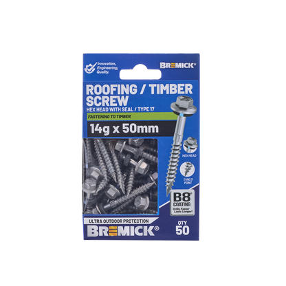 Bremick Hex Roofing Screw - 14g x 50mm - 50 Pack