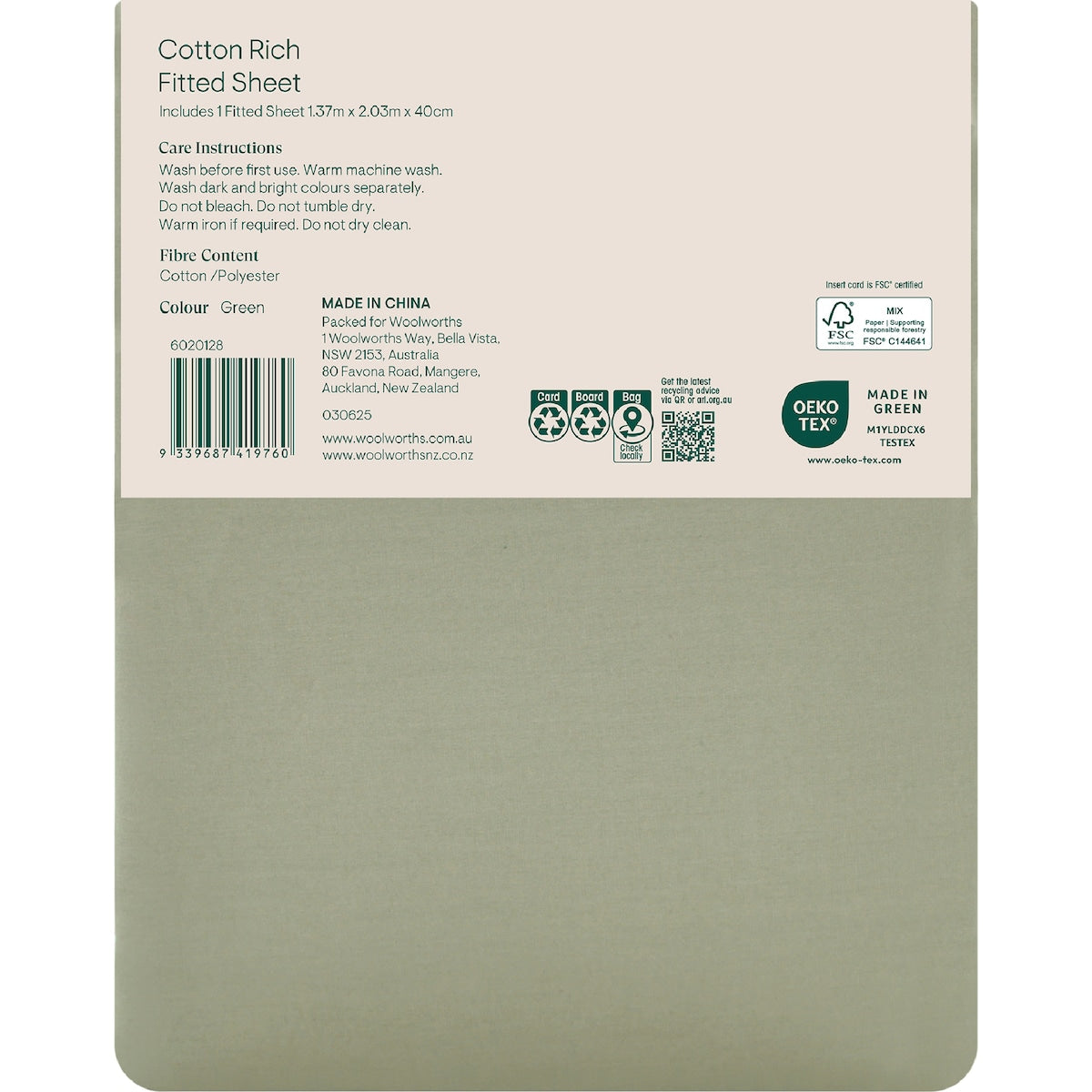 Openook 250tc Cotton Rich Fitted Sheet Double Bed Green Each